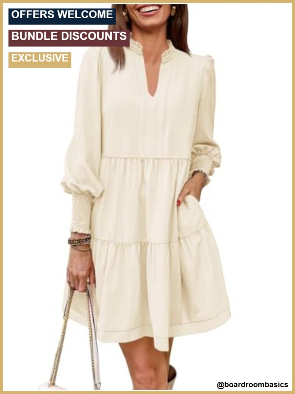 Long Sleeve Tunic Dress Casual V Neck Tiered Women's